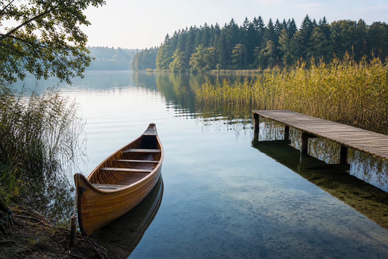 Kanu auf ruhigem Waldsee mit Schilfufer in Mecklenburg